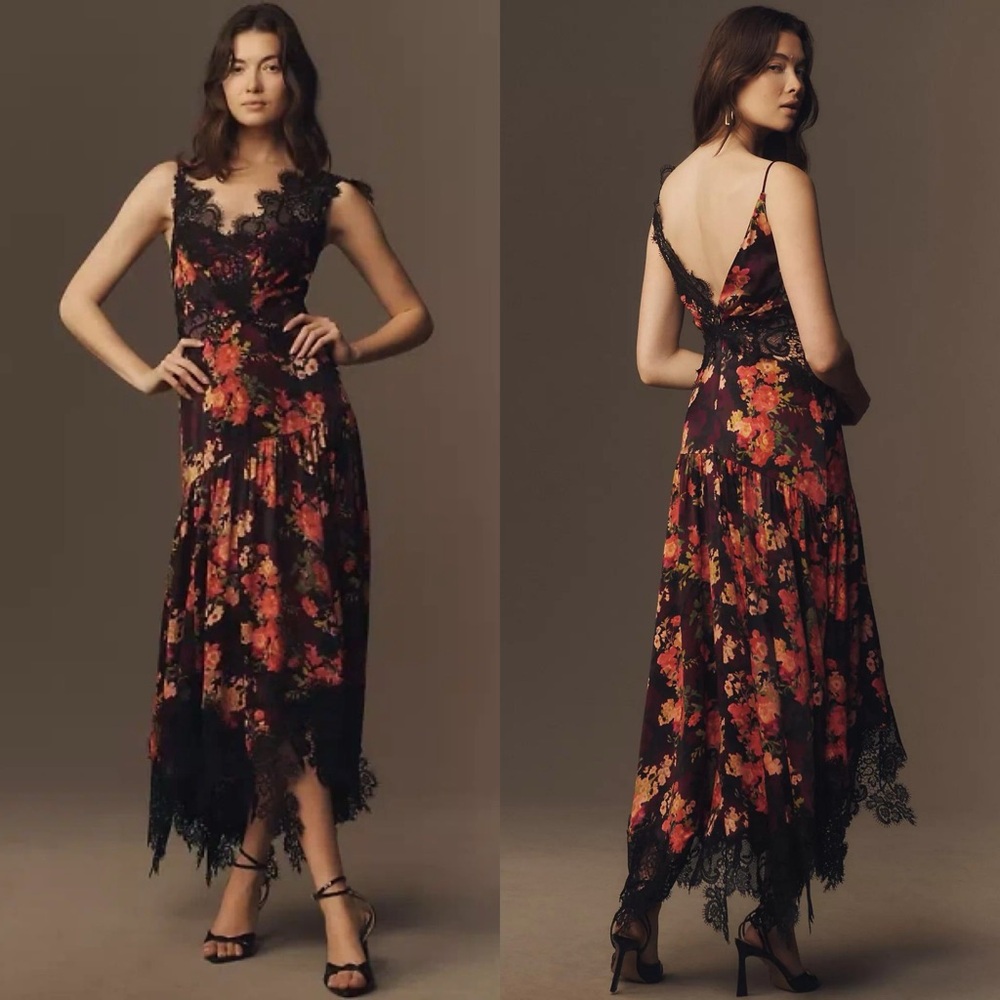 NWT Anthropologie BHLDN Evelyn Floral Slip Lace V Neck High Low Midi Dress